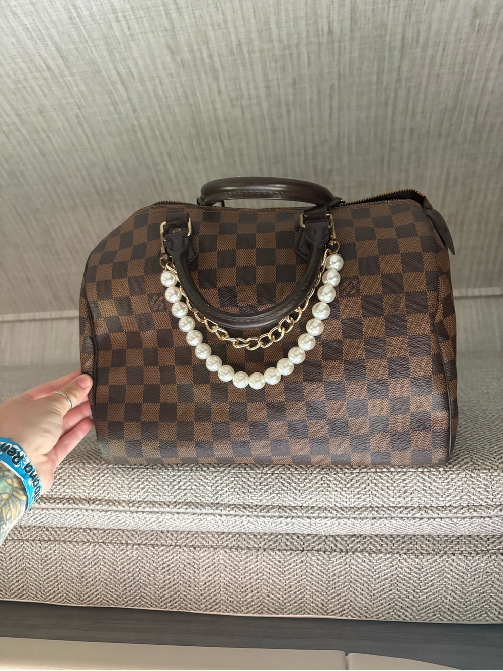 Louis Vuitton Brown Checker Satchel with Pearl and Gold Chain